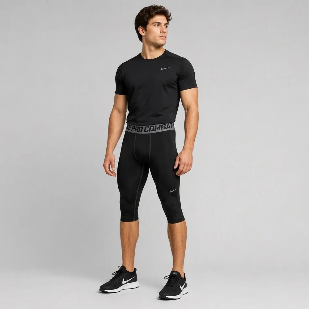 Nike Pro Combat Dri-FIT Mens Black Compression Tights 3/4 Leggings Large